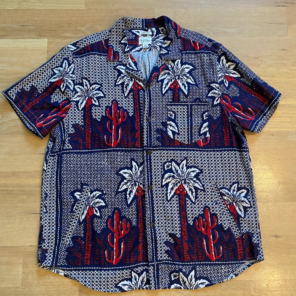 J Crew Men's Large Button Up Hemp Cotton Floral Hawaiian Red Blue Cactus Shirt